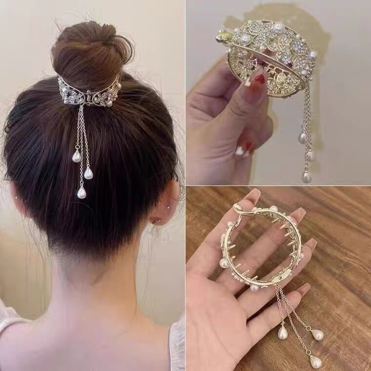 Jepit Rambut Ponytail Bahan Alloy Aksen Mutiara Berlian Imitasi Gaya Korea Untuk Wanita