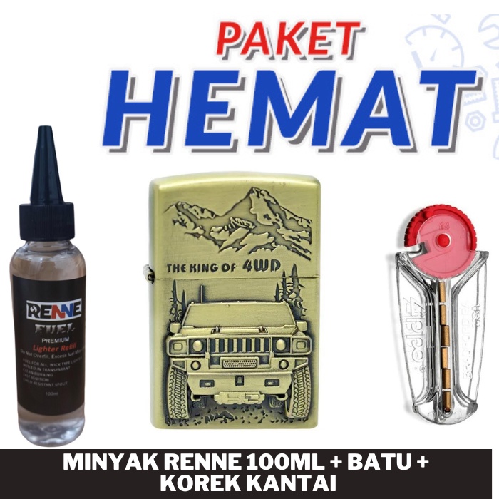 PAKET KOMPLIT KOREK API KANTAI GOLD MOTIF JEEP PLUS MINYAK 100ML + BATU ZIPPO - RANDOM