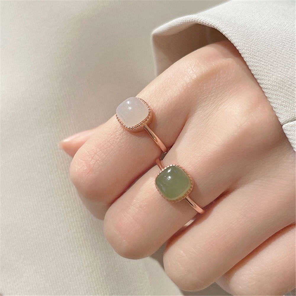Cincin Batu Giok Bentuk Kotak Model Terbuka Gaya Vintage Minimalis Untuk Wanita