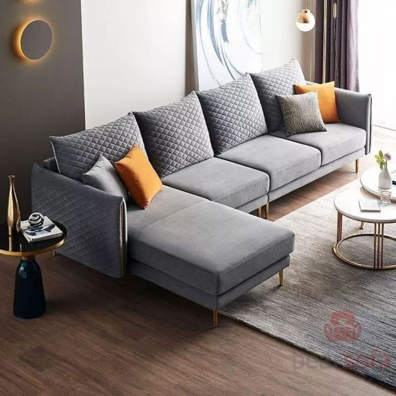 Sofa L Shape Model Chesterfield Bahan Velvet Bludru Halus Sofa Kayu Jati Modern