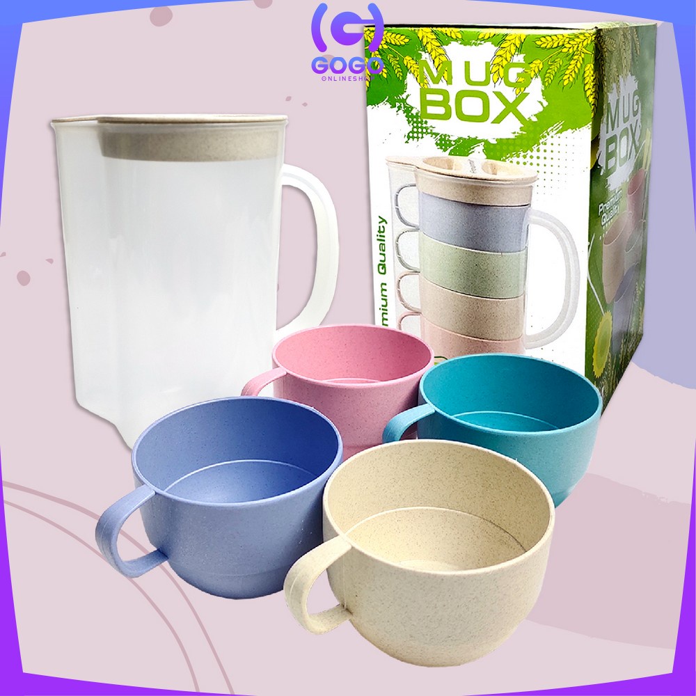 GOGO-C457 Teko Air Set Cangkir Gelas Wadah Plastik 4IN1 Ceret Air Dingin Wheat Straw Food Grade BPA Free