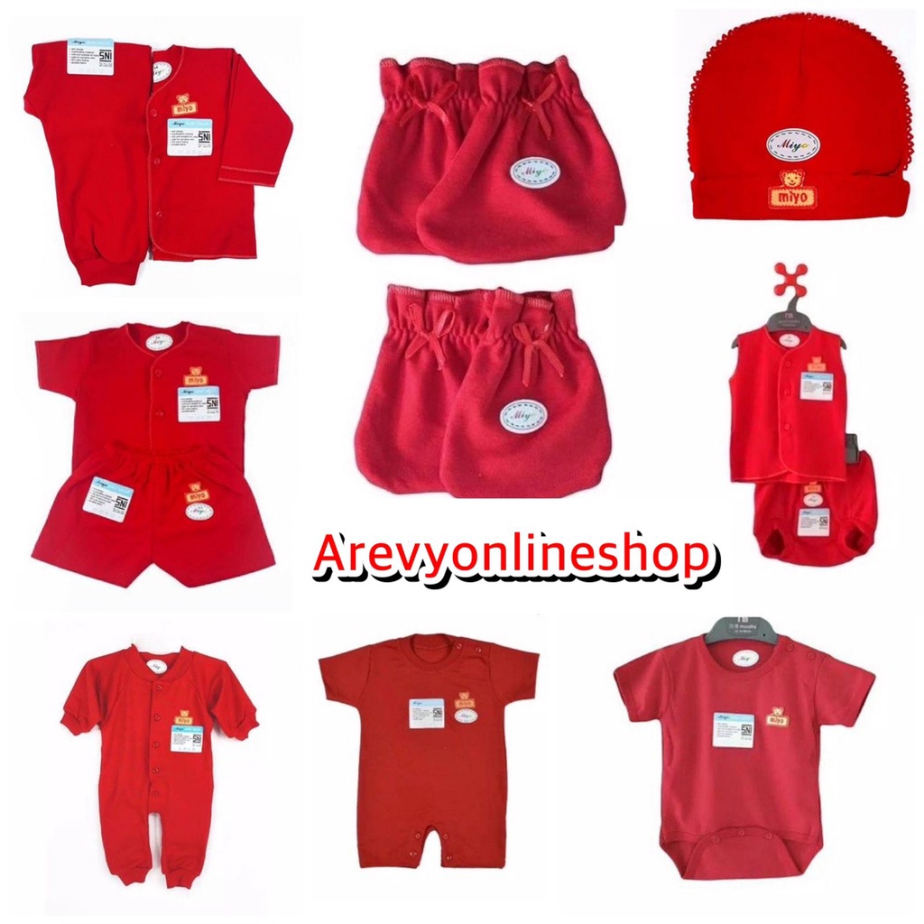 Baju Celana MIYO Merah 0-3 Bln Setelan Panjang Pendek Kutung Baju Bayi Newborn Kodok Sarung Tangan Kaki STK Jumper Topi Baby Popok Tali SNI Arevyonlineshop