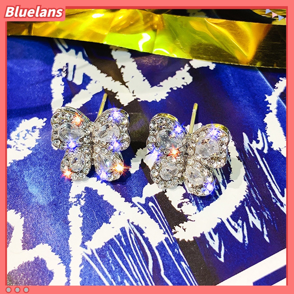Bluelans Anting Stud Bentuk Kupu-Kupu Aksen Berlian Imitasi Untuk Wanita