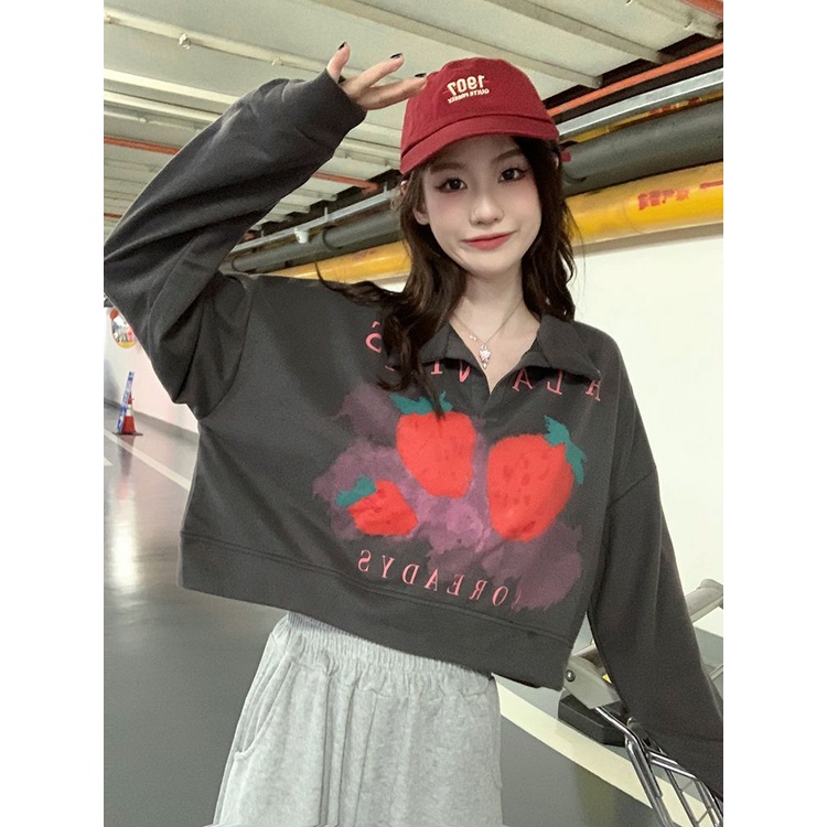 Nico##Strawberry PrintingpoloKerah Lengan Panjang Sweater Longgar Tipis Pendek Top