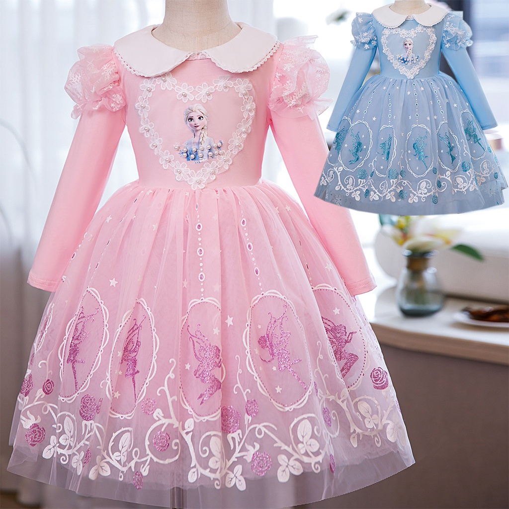 2-10 thn Anak Perempuan Frozen Elsa Princess Dress untuk Pesta Bunga Lengan Panjang Gaun Tutu