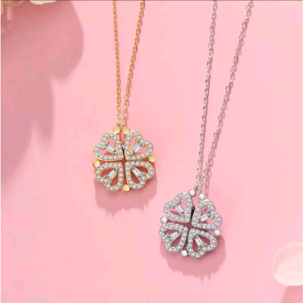 Kalung Titanium Love Hati Wanita Magnet Bunga Berlian 2 in 1 Permata Anti Karat Dalika Anti Karat