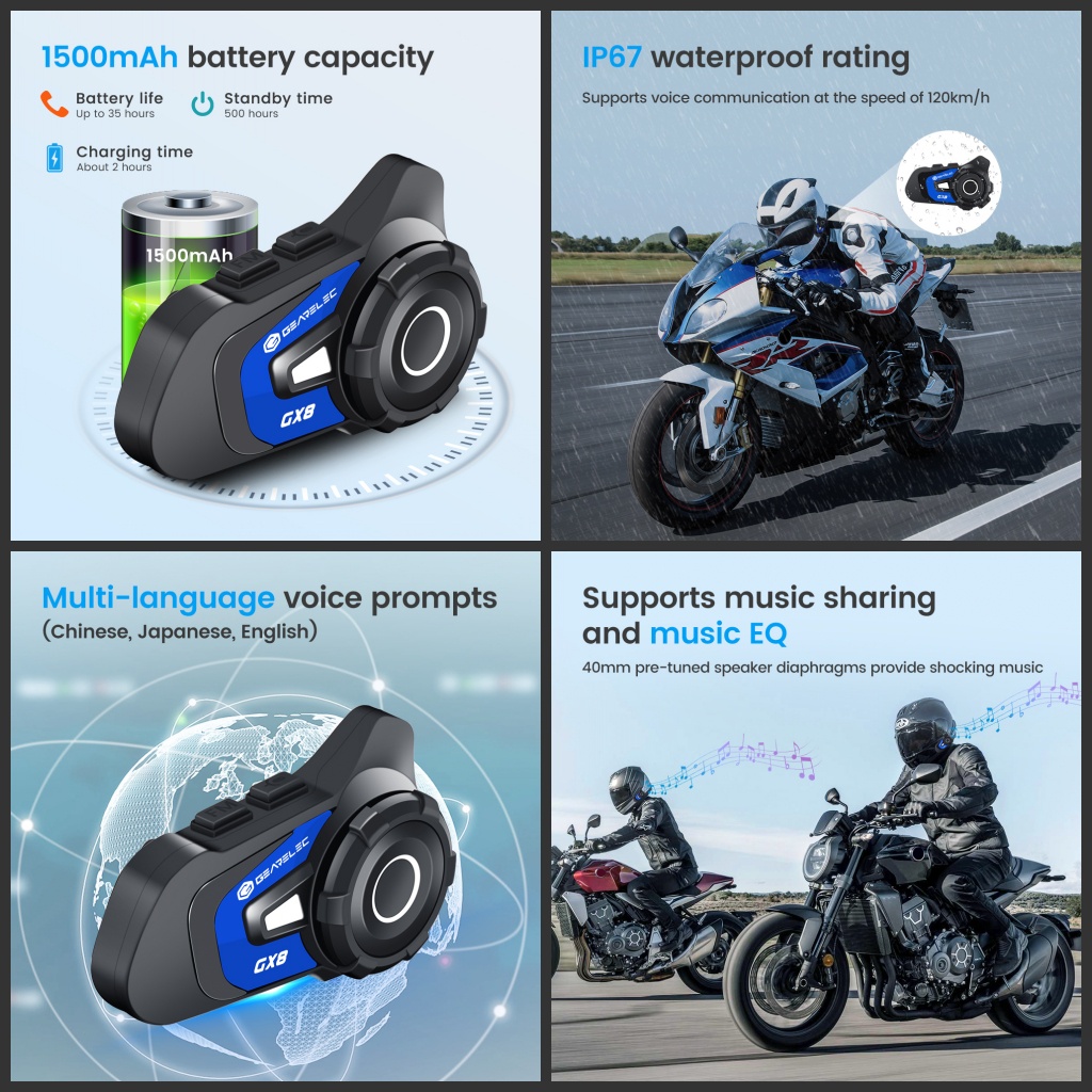 GEARELEC GX8 Helm Sepeda Motor Bluetooth Intercom Headset 8-Rider 1500m Range BT 5.1 Sistem Komunikasi Nirkabel Interphone dengan Radio FM EQ Music Sharing