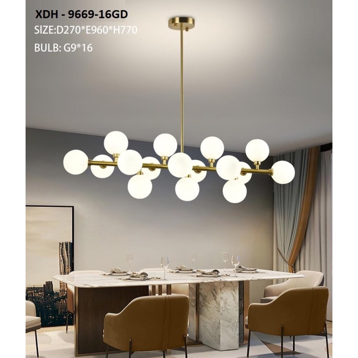 Lampu Hias Gantung Gold 16 Glass Ball Ruang Makan Modern Minimalis Pendant Light G9 XDH 9669/16