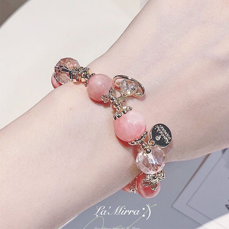 Gelang Manik-Manik Kristal Giok Hetian Alami Warna Pink Strawberry Untuk Wanita