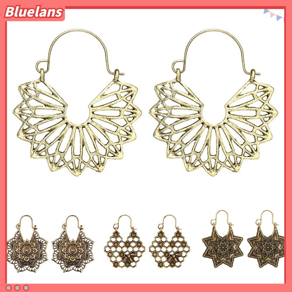 Bluelans Bohemian Women Hollow Flower Honeycomb Filigree Hoop Earrings Retro Jewelry Gift