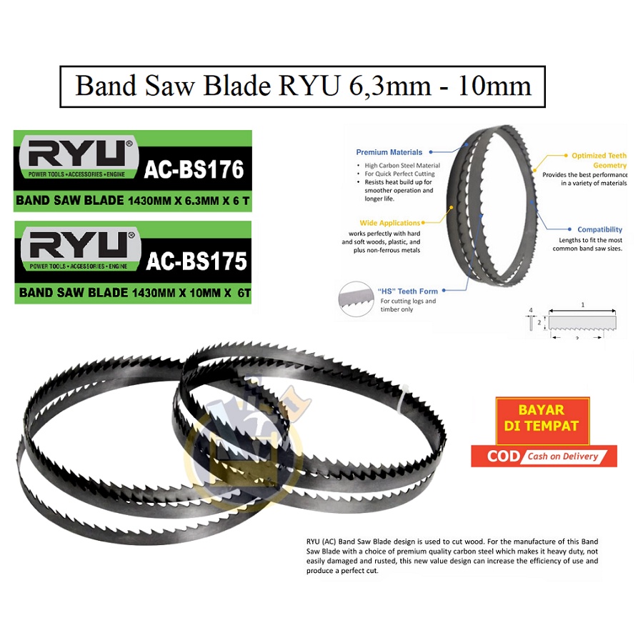 RYU Mata Gergaji Bandsaw Blade Ryu / Band Saw  Blade 8 inch /1430 mm x 10 mm x 6T / 1430mm x 6,3mm x 6T