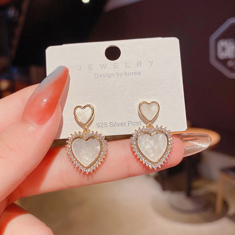 Anting Tusuk Sterling Silver 925 Desain Hati Hias Zircon + Mutiara Untuk Wanita
