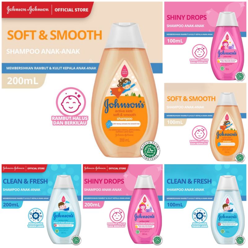 Johnson's Shampoo Active Kids Soft &amp; Smooth/Shiny Drops/Clean &amp; Fresh kemasan 100 ml/200 ml