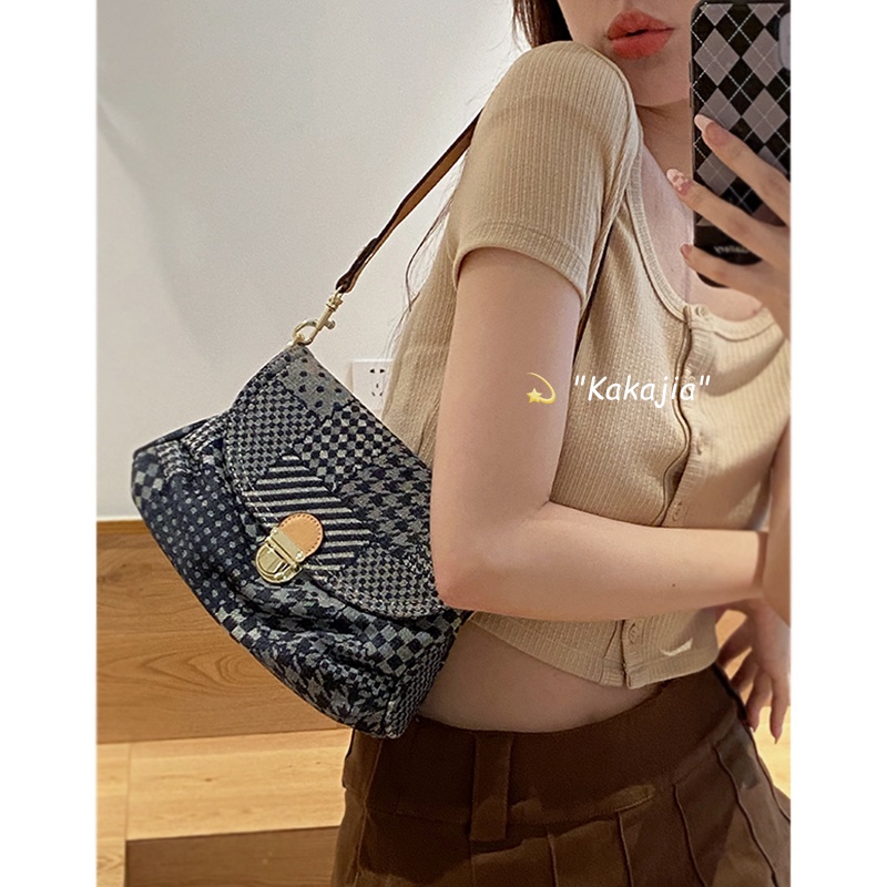 Suhao bag 2022 baru tas wanita musim panas niche fashion underarm baguette bag high-end denim shoulder bag