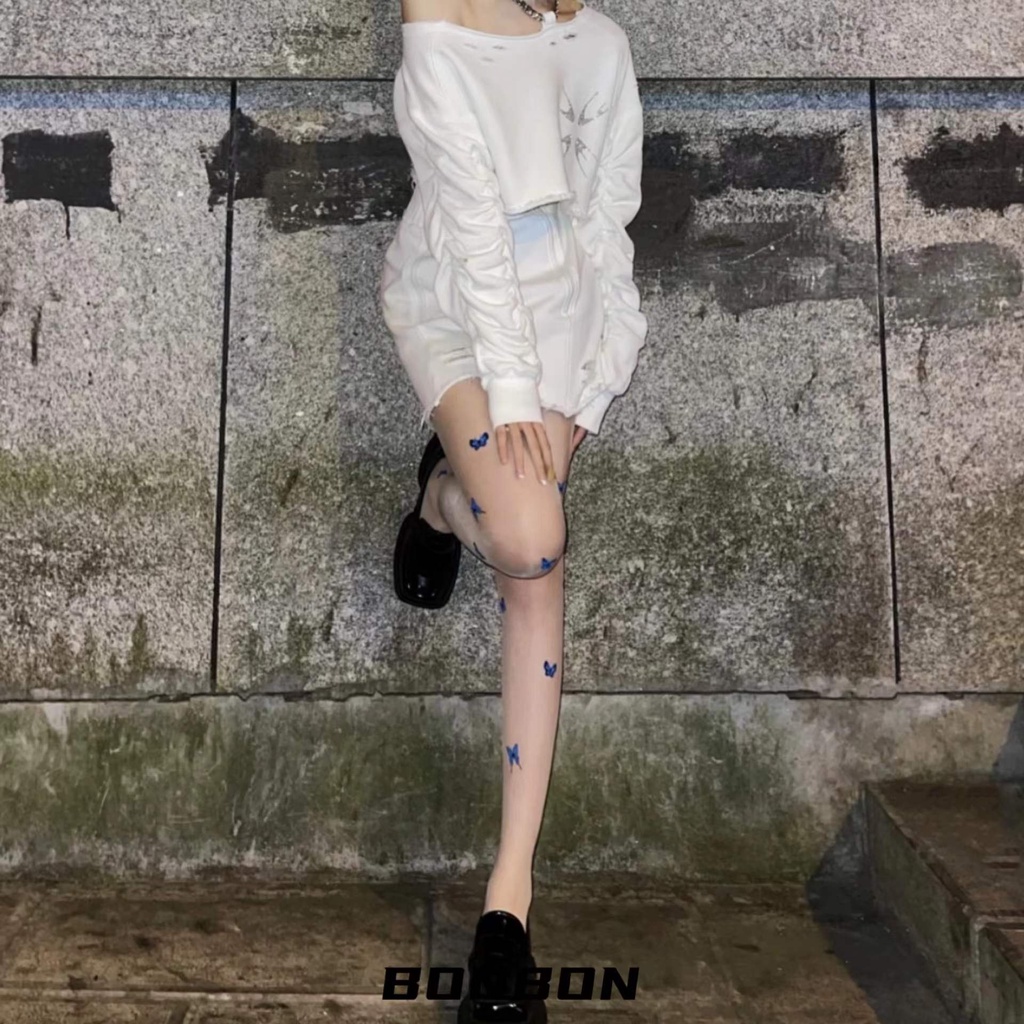 Stoking kupu-kupu biru gadis dengan cetakan cut-out anti-hooking dan pantyhose ultra-tipis