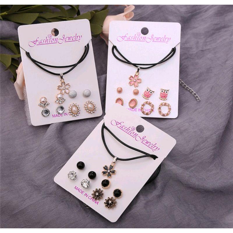 BLESSHOP Anting Korea Set Giwang Set Kalung Fashion Liontin Elegan