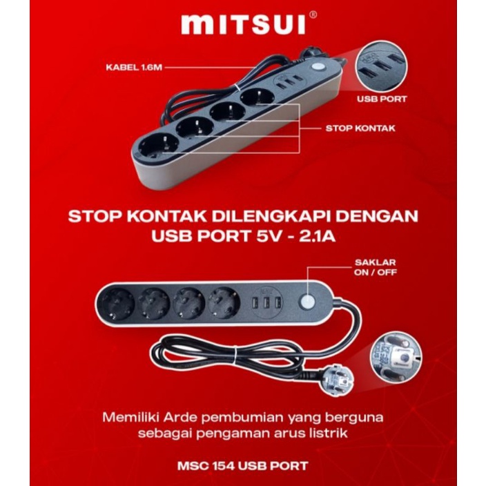 MITSUI STOP KONTAK 4 LUBANG+ 3 USB PORT / MITSUI MSC 154 SNI