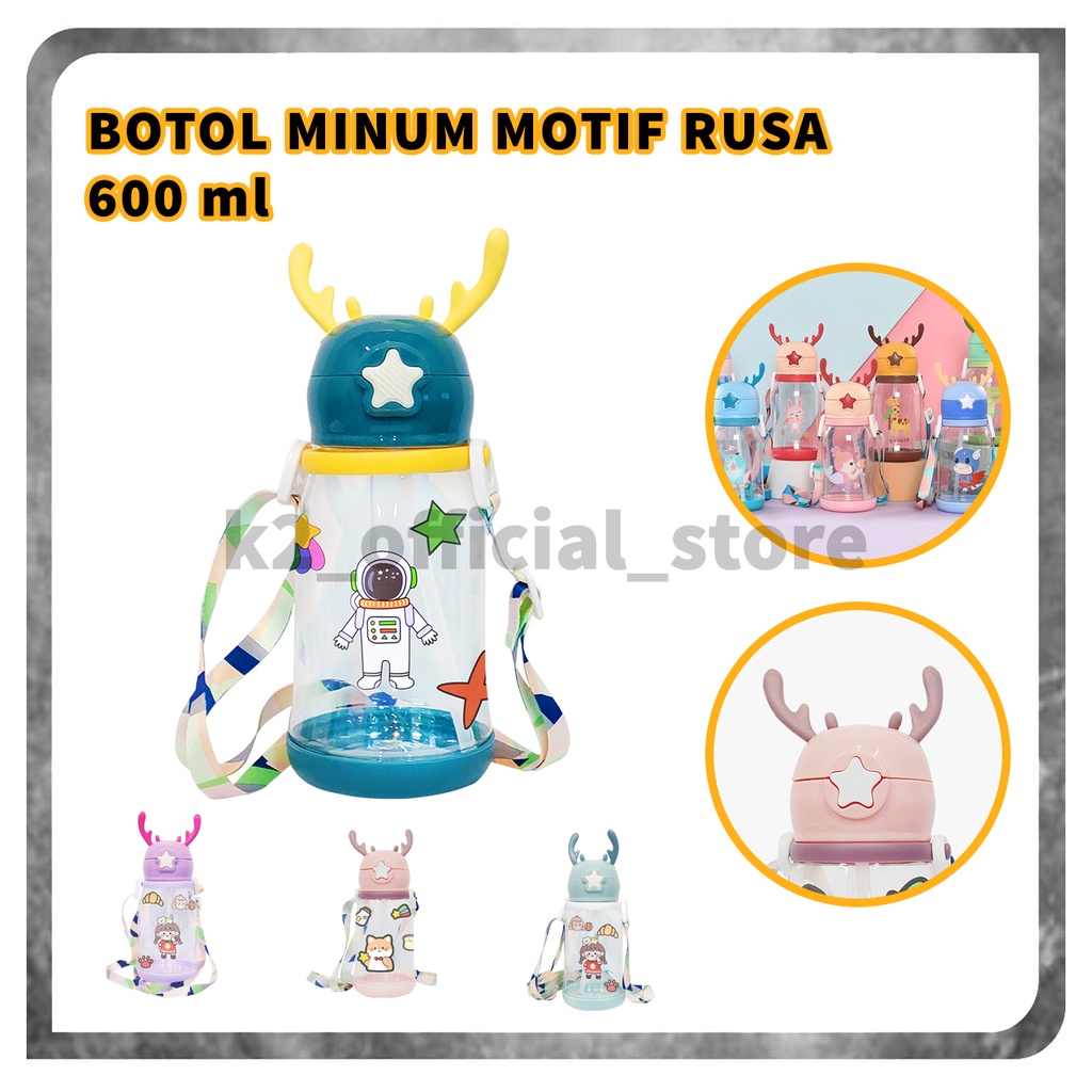 Botol Minum Tanduk Rusa Dengan Tali Sedotan 600ML / Botol Minum Anak Motif Rusa Sticker Lucu 600 ML Anti Tumpah Anti Pecah