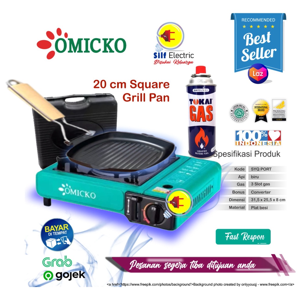 Paket Kompor Gas Portable omicko+Pemanggang Gagang Lipat (Square Pan) 20 cm+ Gas Kaleng