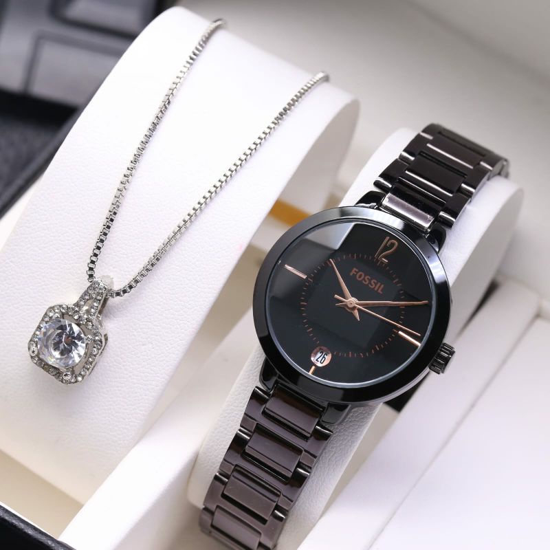 Jam Tangan Wanita Free Kalung Terlaris Stainliss Steel Fashion Kasual