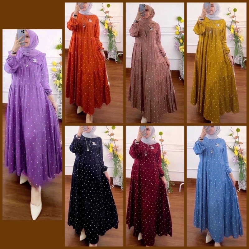 DASTER ANDIN ARAB MIDI DRES COMBI POLKA N POLOS || RAYON SUPER GRADE A ORI || KANCING DEPAN BUSUI & 