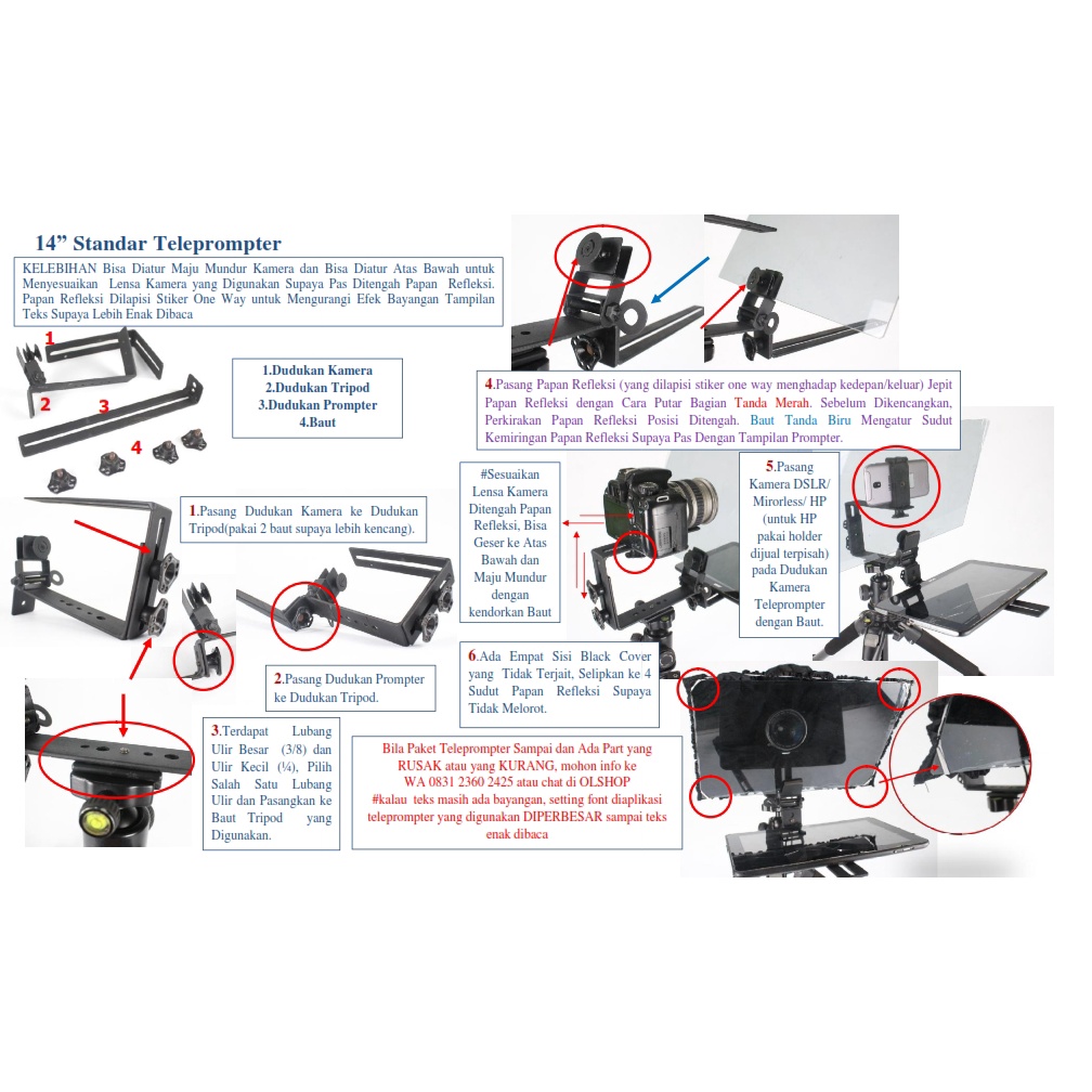 Standar Teleprompter Ukuran 8&quot; 10&quot; 12&quot; 14&quot; untuk Kamera Camera DSLR Mirrorless Action Cam (Smartphone bisa perlu holder HP)