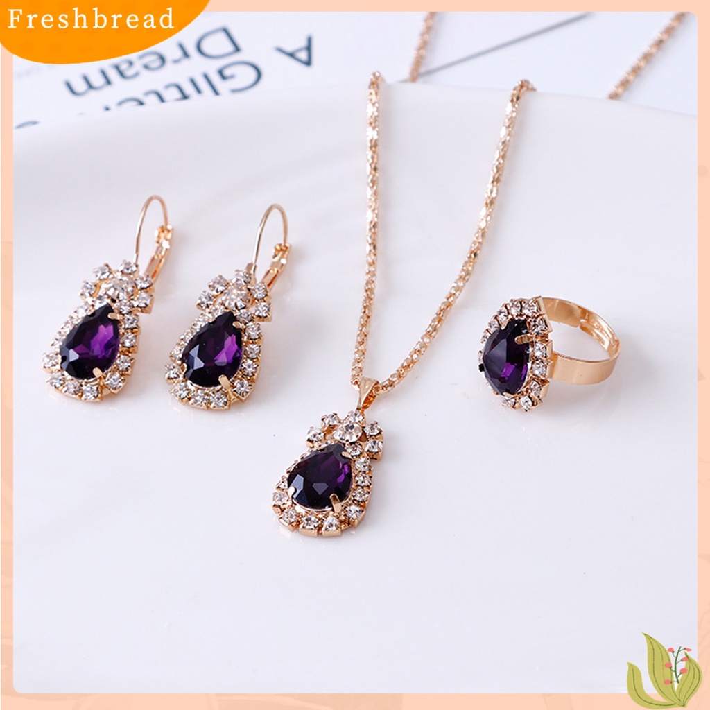 3pcs / Set Kalung Anting Cincin Liontin Water Drop Bahan Alloy Aksen Berlian Imitasi Untuk Wanita