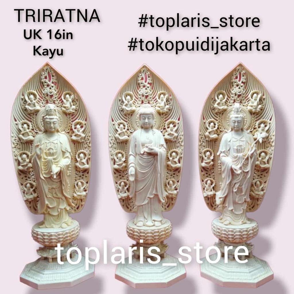 Patung Triratna Sifangsansen Buddha Kayu 16in