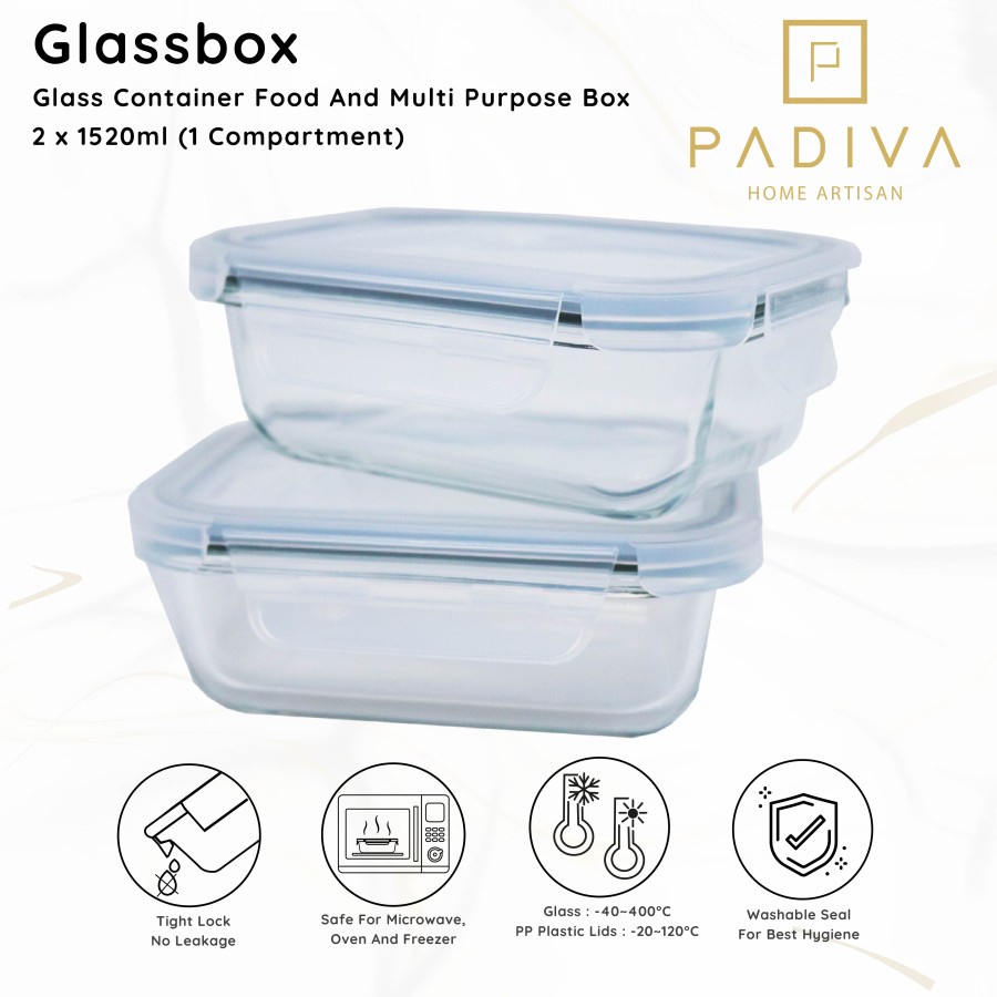 Padiva 1520ml (2pcs) Glassbox 1 compartment Kotak Makan Bekel Kaca Microwave Glass Box