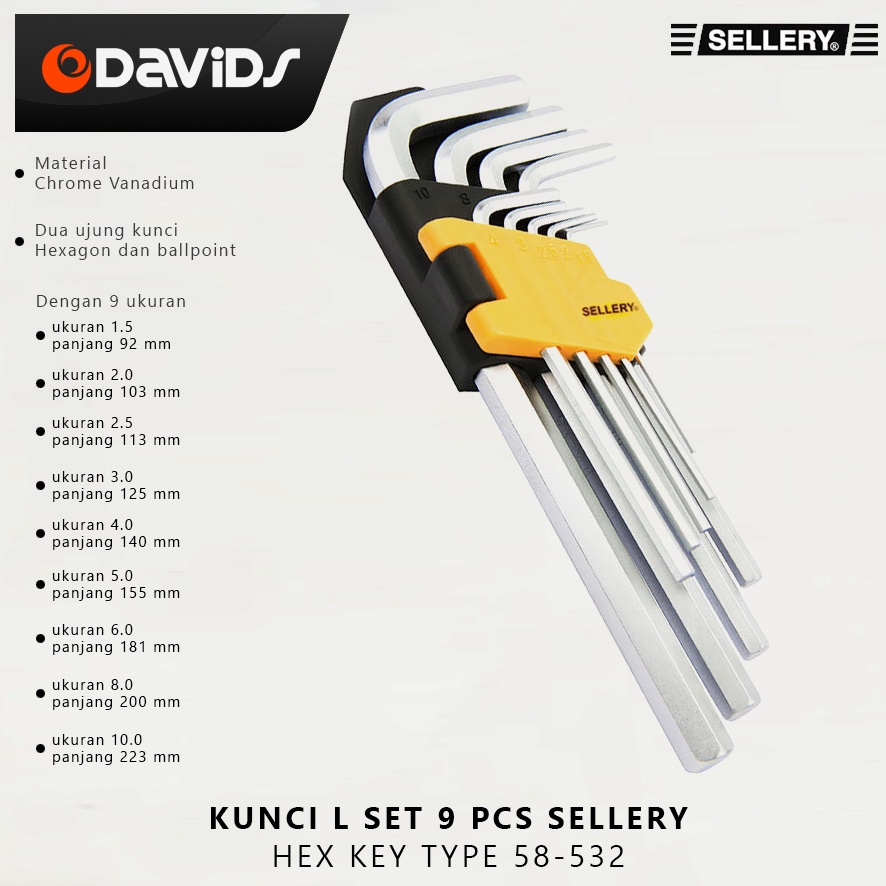 Kunci L Set Panjang Konci Baja Segi Enam 9 Pcs Hex Key Sellery 58532