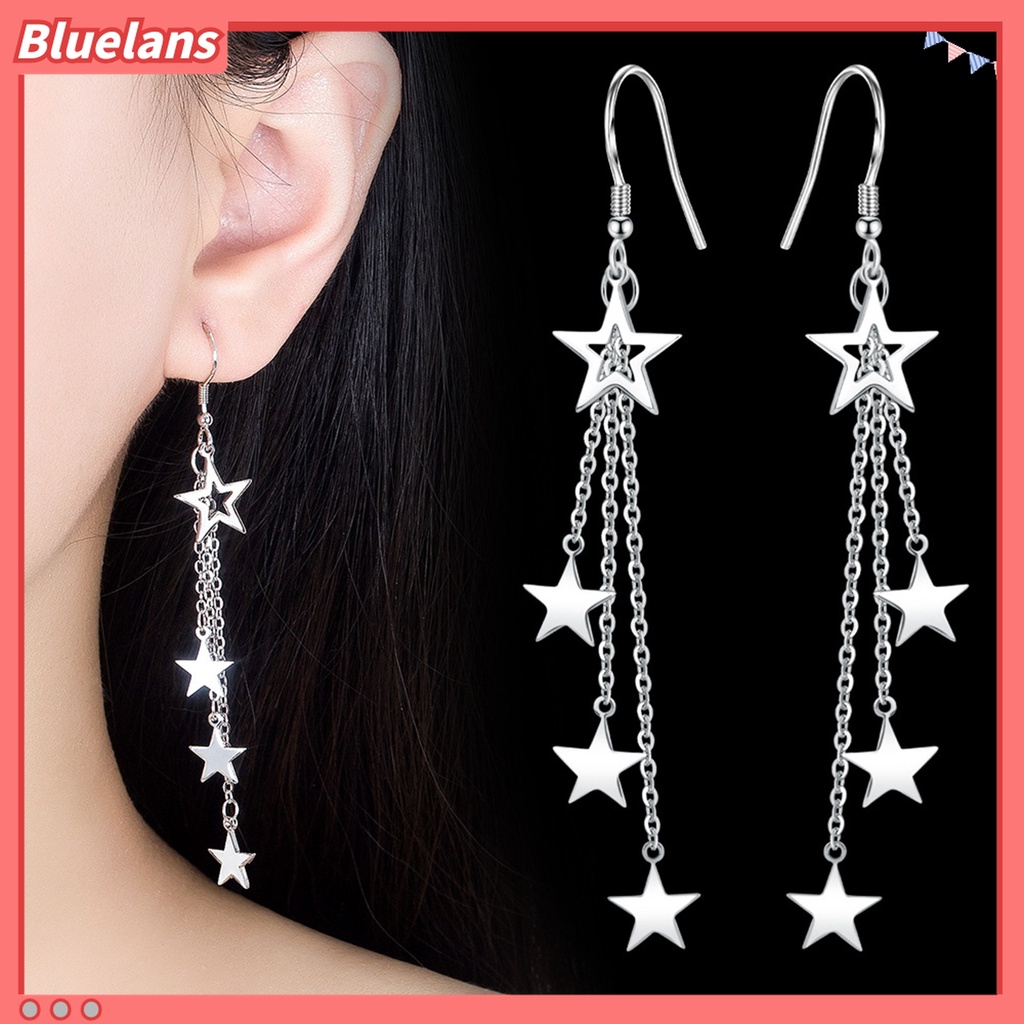 Anting Kait Rumbai Panjang Pertengahan Desain Bintang Glitter Untuk Aksesoris Wanita