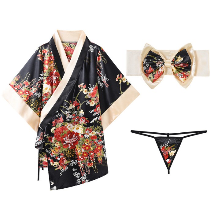 PROMO BAJU TIDUR WANITA Kimono Wanita Baju Tidur Jepang Yukata Sakura Satin Piyama A398 - Hitam, All