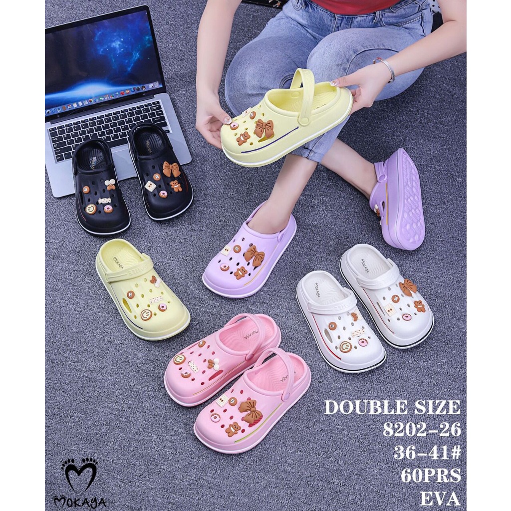 Sandal Crocs Let Kodok Baim Fuji Wanita Mainan Karakter Anak Cewek Pita &amp; Bear Pita Super Cute Kekinian Import Mokaya / Size 36-41 (8202-261 &amp; 8202-26)
