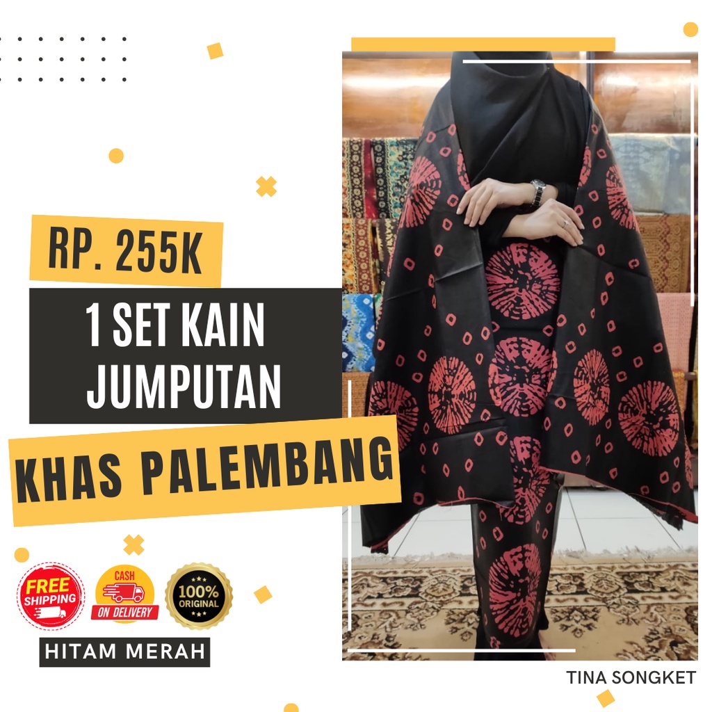 Kain Jumputan Set Khas Palembang Hitam Motif Merah