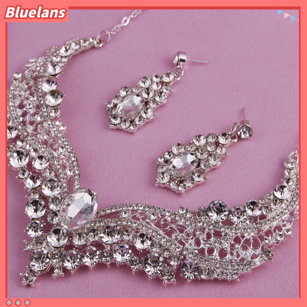 Bluelans Wedding Bridal Queen Style Fully Shiny Rhinestone Necklace Earrings Jewelry Set