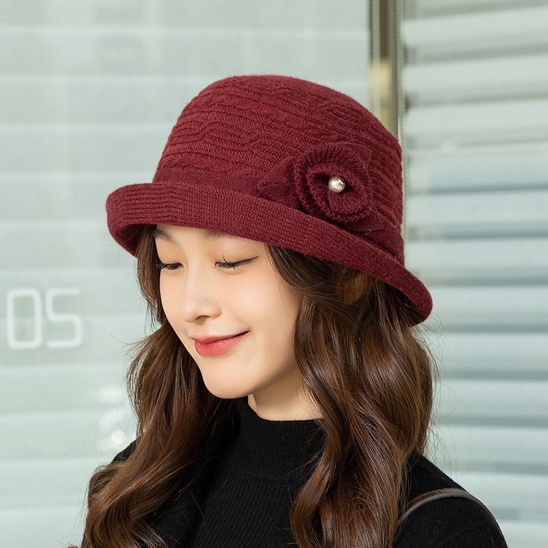 Topi Kuplukbeanie Bahan Wolbulu mink Aksen Bunga Gaya Musim Gugurdingin Untuk Wanita