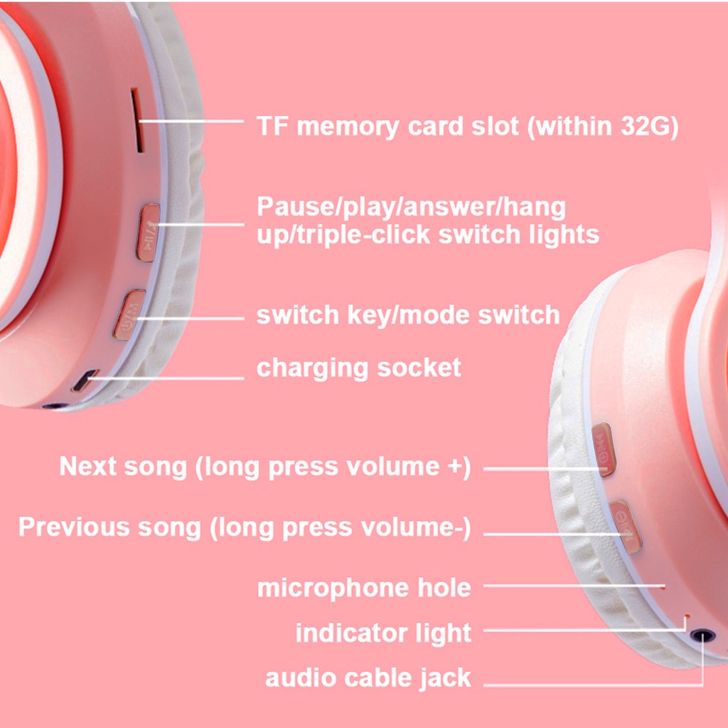 B39 JST28 Headset Anak Motif Kuping Kucing Bando Model Telinga / Handphone Bluetooth LED On-Ear Bass