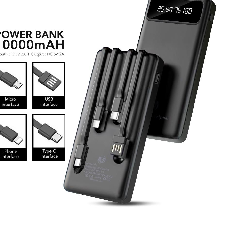 Dijual kakak--P4 Powerbank 10000 mAh Power Bank 2A Built in Cable Fast Charging 4 Output 2 Input LED