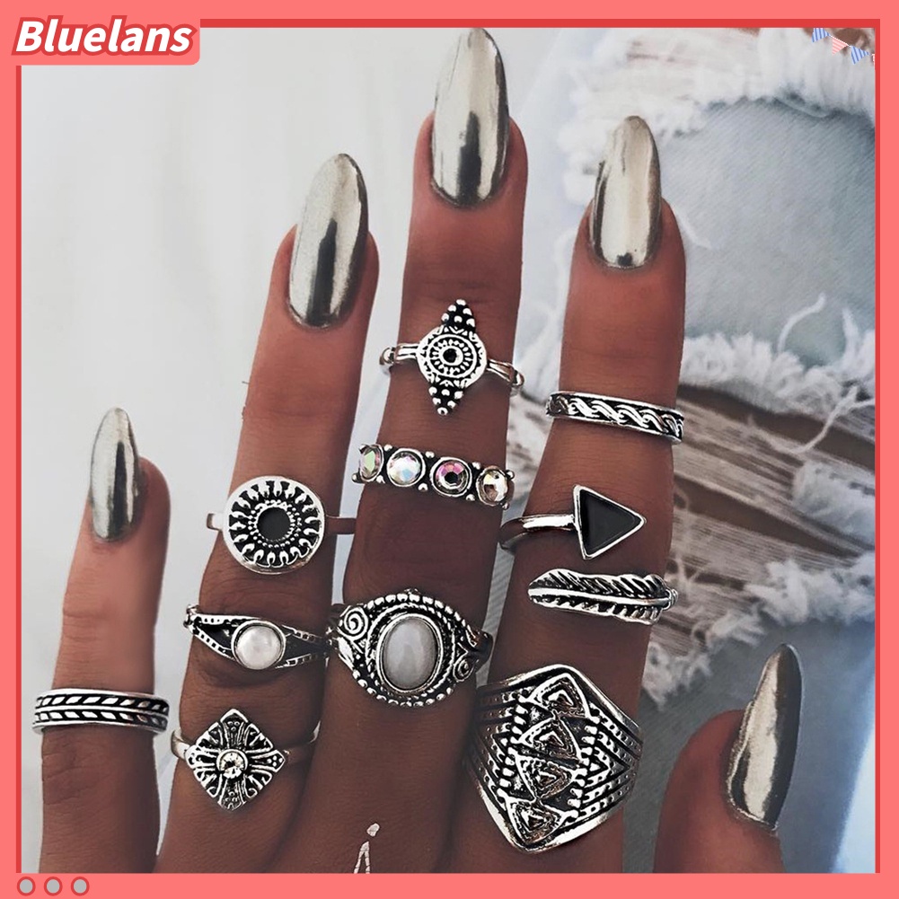 Bluelans 10Pcs Boho Women Retro Sun Feather Arrow Carved Knuckle Midi Stacking Rings