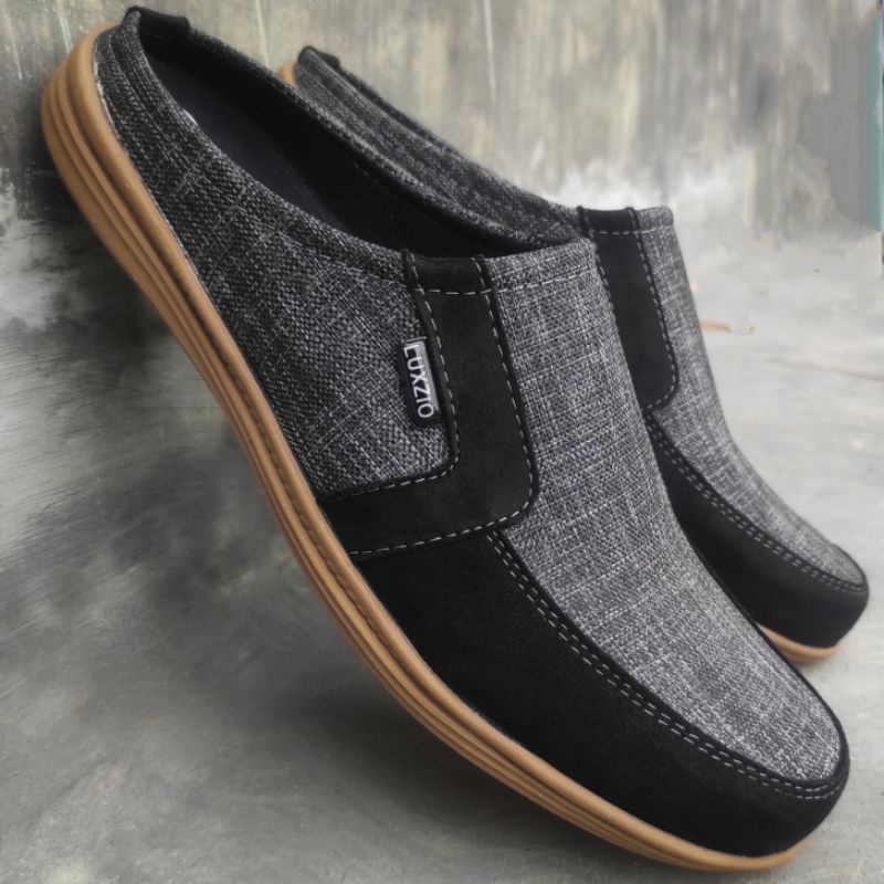 Bustong Pria Kulit Sandal Sepatu Slop Selop Slip On Kasual Kanvas Suede Karet Premium