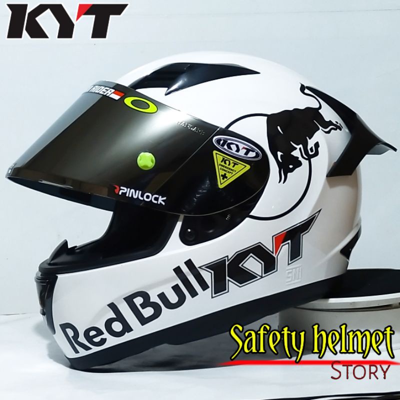 Helm Kyt R-10, (Modif Paket Ganteng) Helm Full face Solid white Original+ Stiker Redbull Helm Dapat 