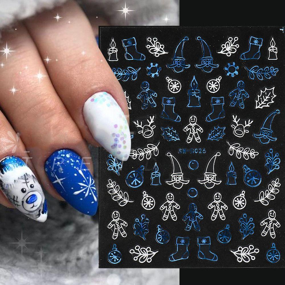 AUGUSTINA Agustina Natal Stiker Kuku Perekat Diri Warna-Warni Hologram Wanita DIY Perekat Diri Manikur Aksesoris Snowman Nail Tip Slider