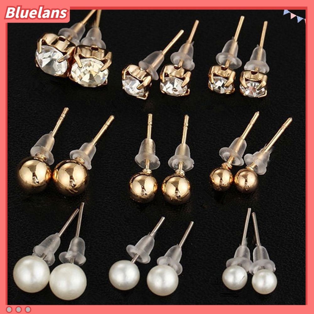 6 / 9 / 12 Pasang Anting Stud Mutiara Berlian Imitasi Untuk Wanita