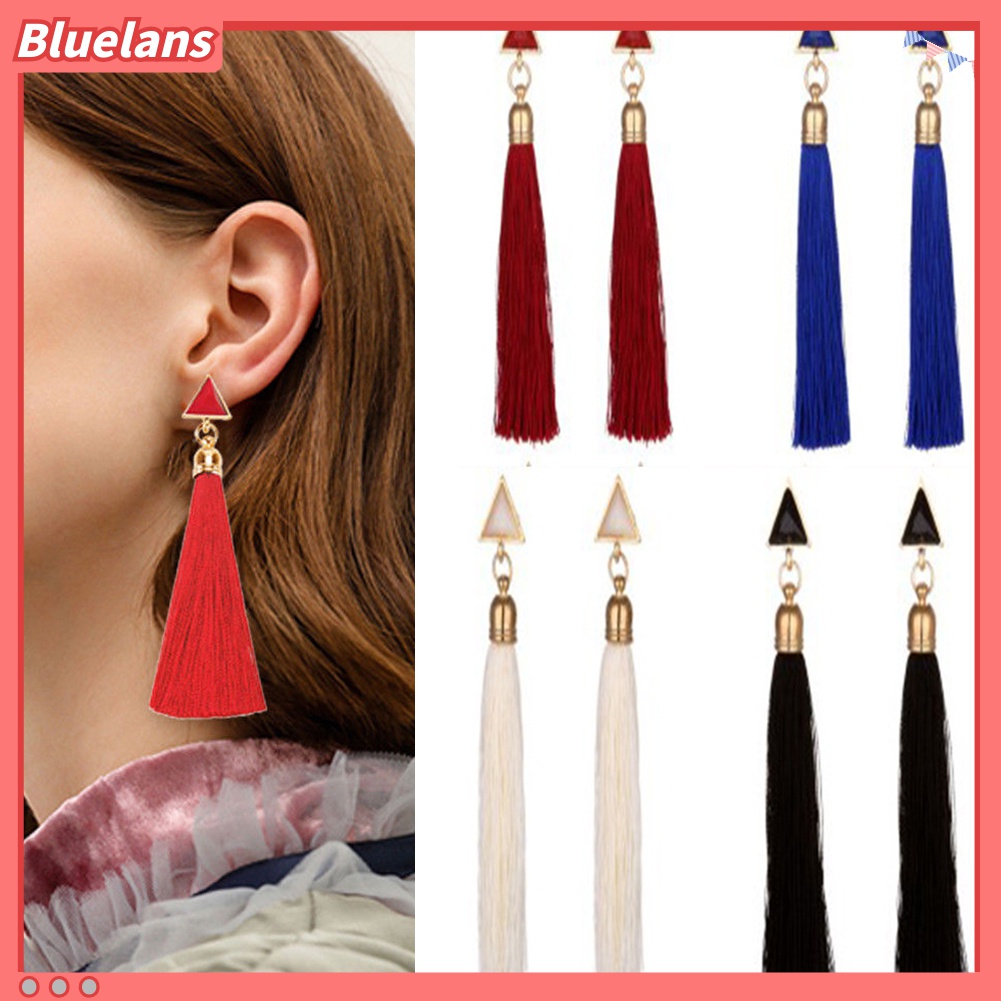 Anting Tindik Rumbai Panjang Bentuk Segitiga Geometris Gaya Bohemian Untuk Wanita