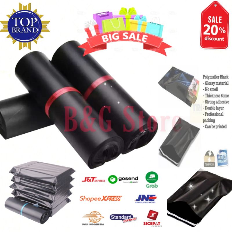 PLASTIK  PACKING POLYMAILER PE HITAM OLSHOP GLOSSY KUAT TANPA LEM PEREKAT TERMURAH IMPOR TERLARIS MU