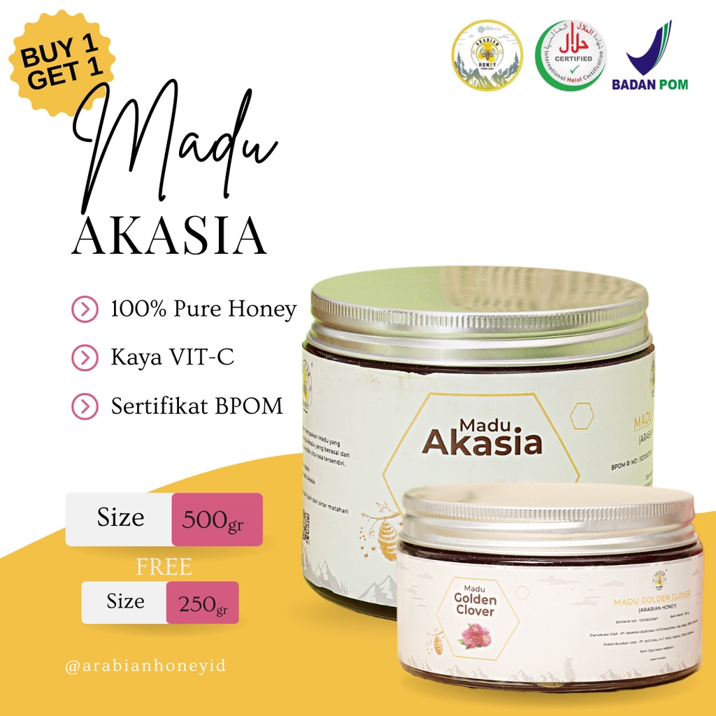 

[ Promo ] Buy 1 Get 1 Madu Akasia Kashmir Premium 500gr - FREE Madu Clover 250gr - Madu Murni 100% - Kaya Vitamin C - Fresh Honey - Madu Anak