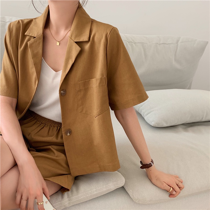 korean style V-neck blazer jaket wanita terbaru korean+ loose dan celana lebar kaki kasual  high waist Celana panjang wanita import Korean style/One Set Wanita