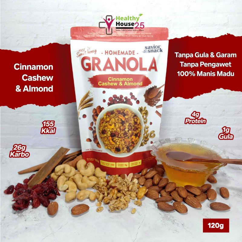 GRANOLA CRUNCHY CINNAMON CASHEW ALMOND 120g - CEMILAN MAKANAN SEHAT SARAPAN BERGIZI TINGGI NUTRISI BAHAN ORGANIK ALAMI TANPA PENGAWET - HIGH QUALITY - SAVIOR SNACK - GRANOLA SWEET HONEY