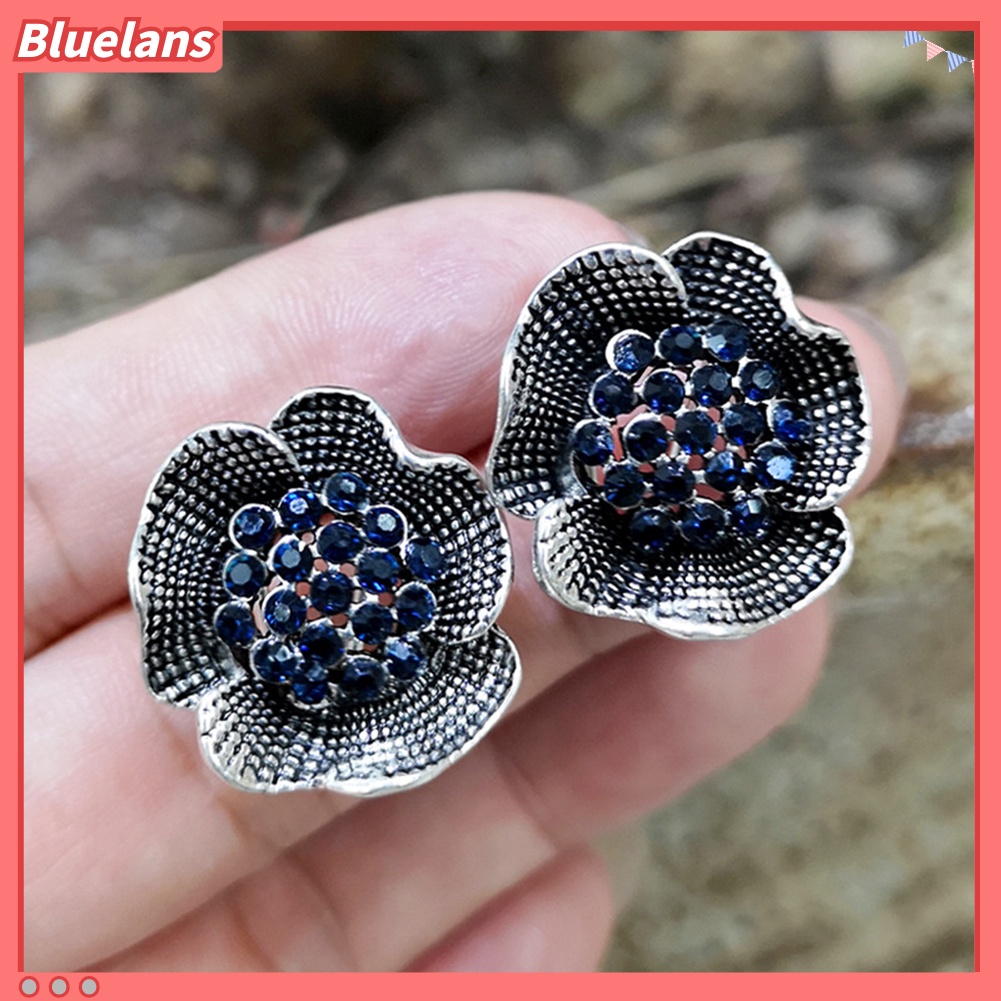 Bluelans Vintage Women Rhinestone Inlaid Rose Flower Shape Stud Earrings Jewelry Gift