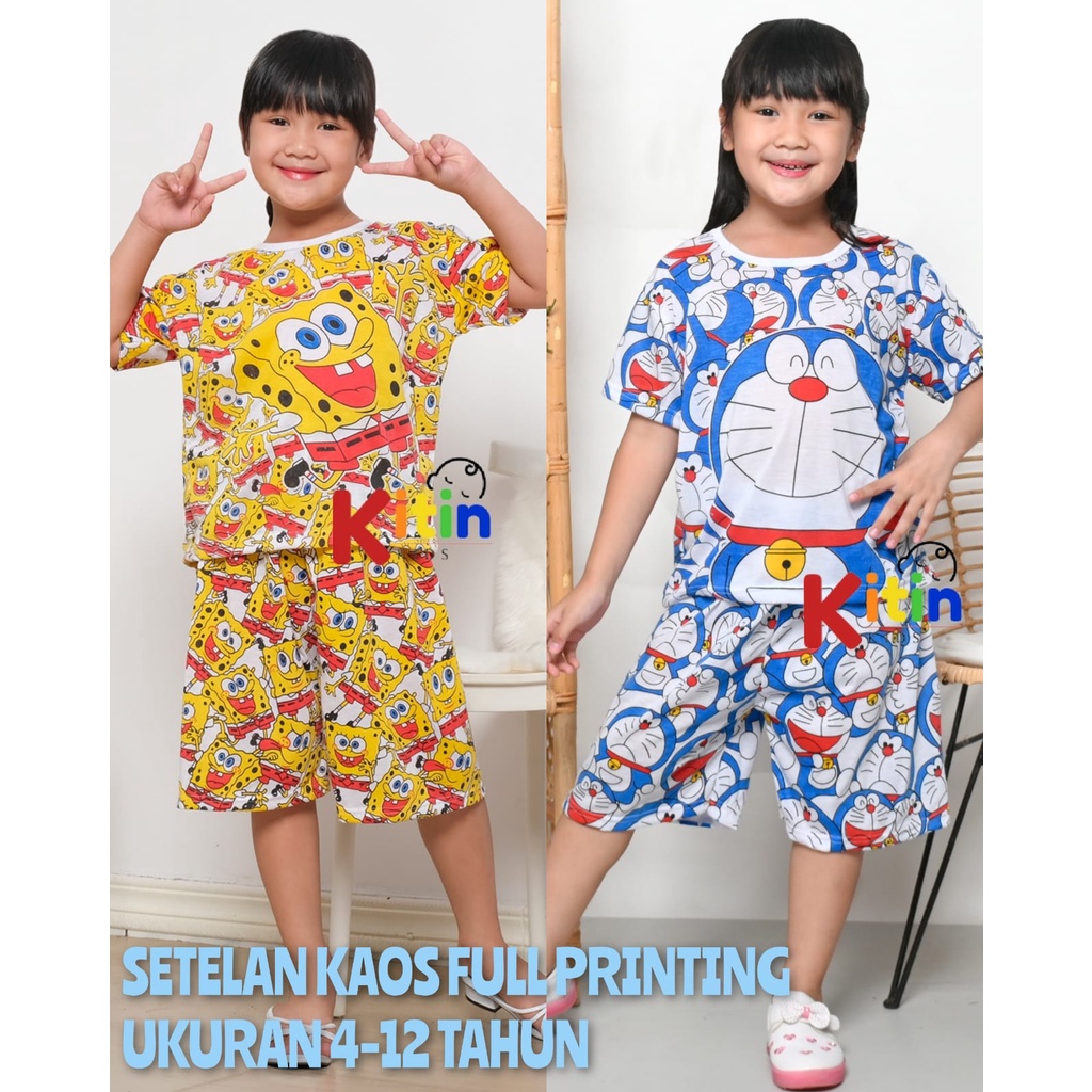 KITIN - SETELAN BAJU MAIN DAN HARIAN ANAK CEWEK/PEREMPUAN/COWOK MOTIF FULL PRINTING DORAEMON SPONGEB